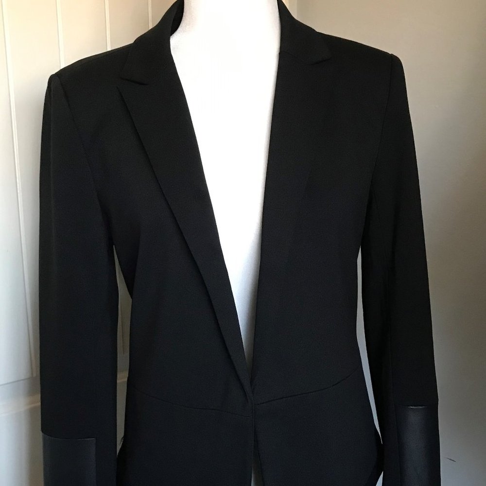 Ann Taylor Black Open-Front Blazer with Black Pleather Cuffs and Hem Trim Size 4